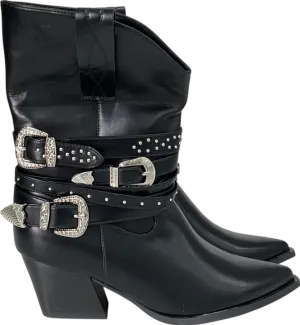 Nasty Gal Black Buckle Strap Ankle Western Boot UK 7 EU 40 👠