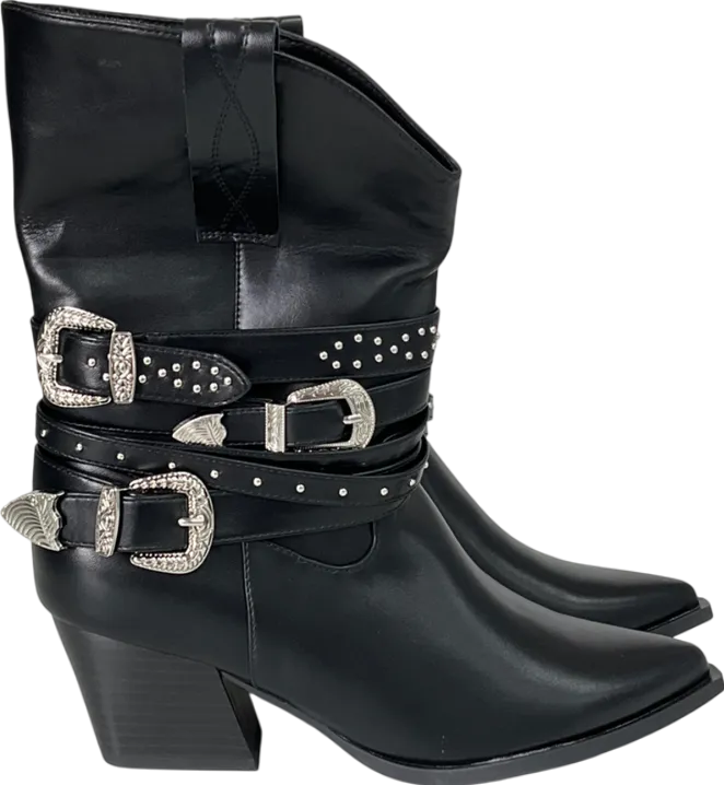 Nasty Gal Black Buckle Strap Ankle Western Boot UK 7 EU 40 👠